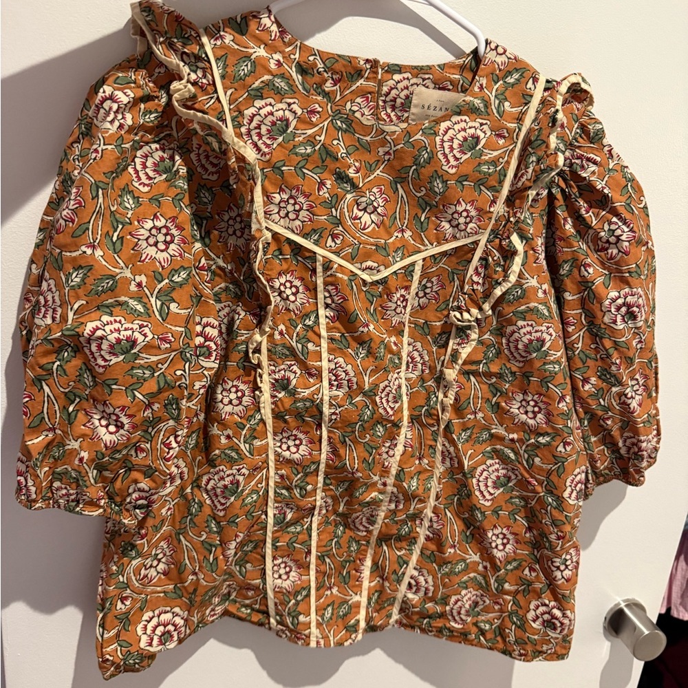 Sezane Orange Ruffled Smocked Blouse